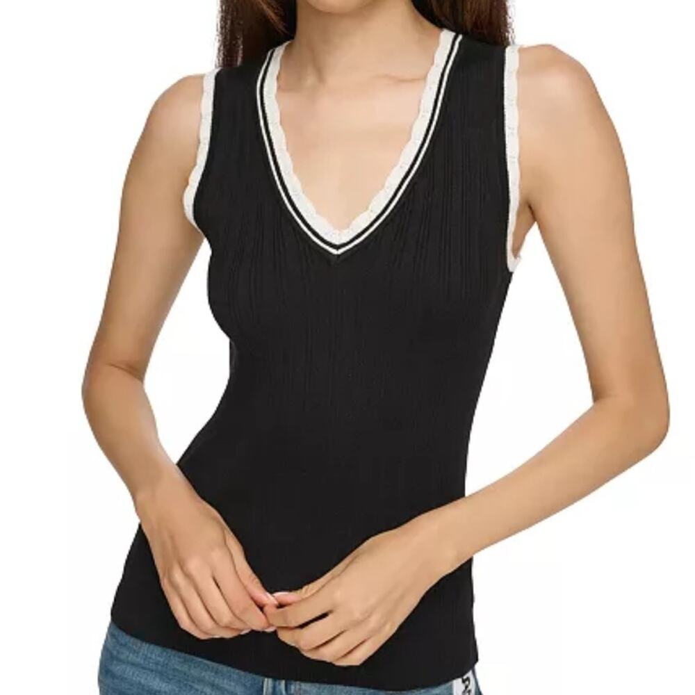 Karl Lagerfeld Paris Black V-Neck Ribbed Sweater Size XS